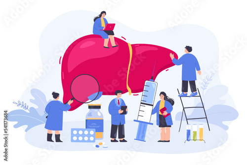 Tiny doctors analyzing huge human liver flat vector illustration. Patient having hepatitis or cancer. Men and women examining internal organ, performing biopsy. Disease, awareness, care concept