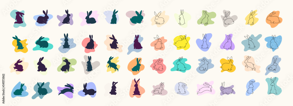 Big set of different black rabbits silhouettes, isolated on a colorful background for design use. Silhouettes of New Years bunnies in simple one line style. 2023 year of the rabbit. Christmas vector Big set of different black rabbits silhouettes, isolated on a colorful background for design use. Silhouettes of New Years bunnies in simple one line style. 2023 year of the rabbit. Christmas vector