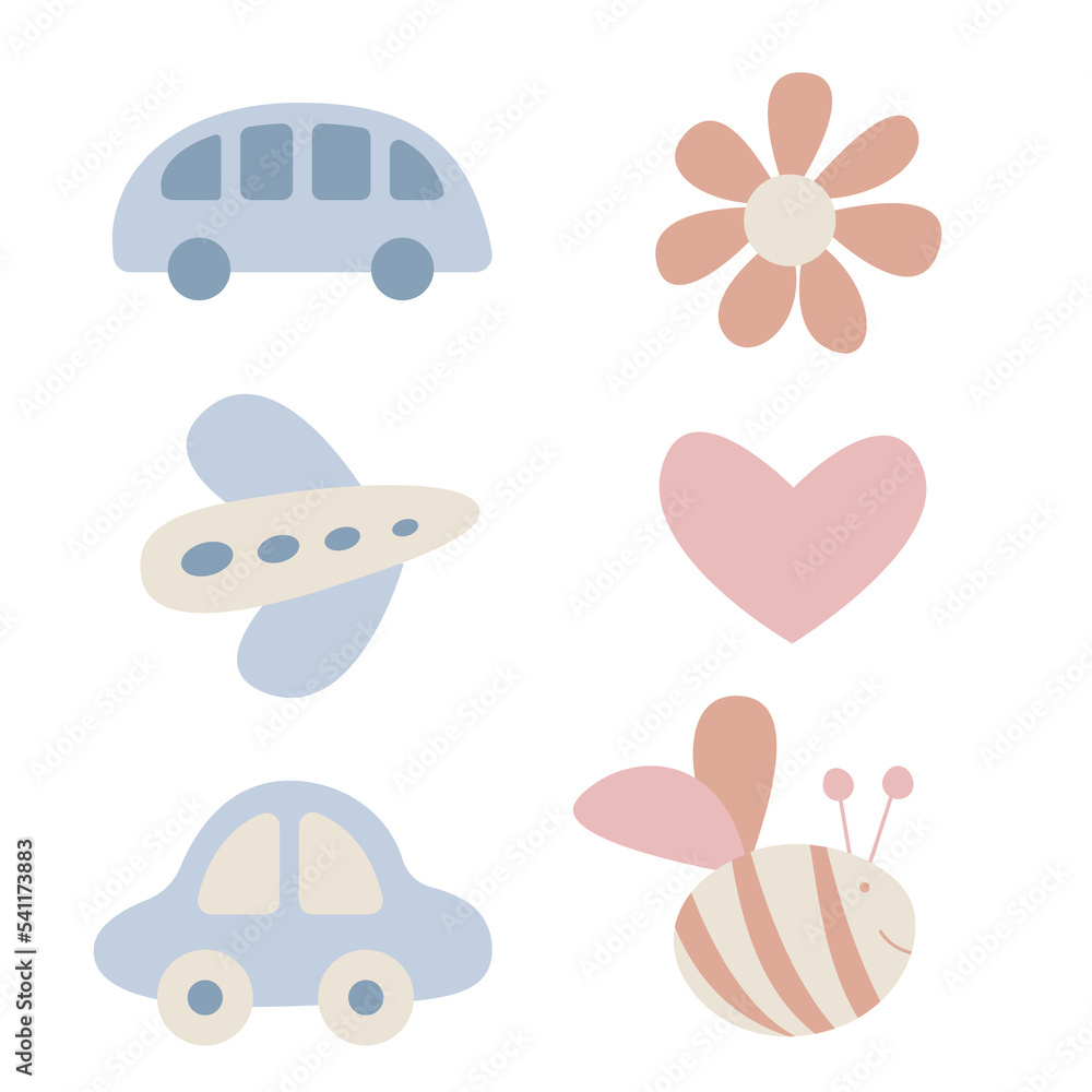 Set of cute baby objects in minimalistic flat style. Vector illustration of child's symbols and toys. Welcome, baby. Cartoon kid clipart. Newborn. Set of cute baby objects in minimalistic flat style. Vector illustration of child's symbols and toys. Welcome, baby. Cartoon kid clipart. Newborn.