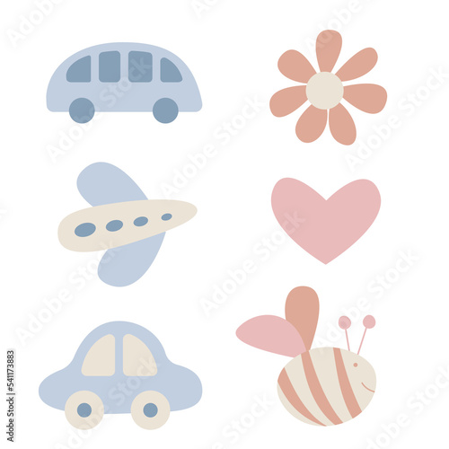Set of cute baby objects in minimalistic flat style. Vector illustration of child s symbols and toys. Welcome  baby. Cartoon kid clipart. Newborn.