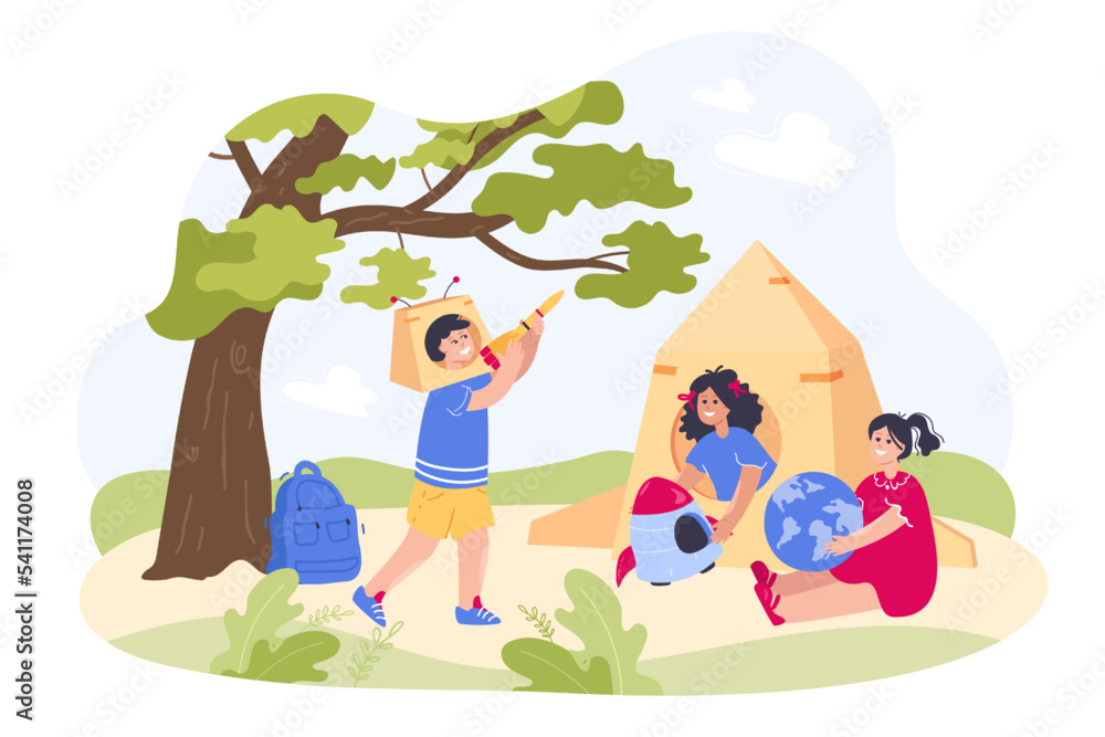 Kids playing in astronauts outdoor flat vector illustration. Boy and girls playing with spaceship and rocket out of cardboard boxes, spending time together in summer. Fantasy, entertainment concept