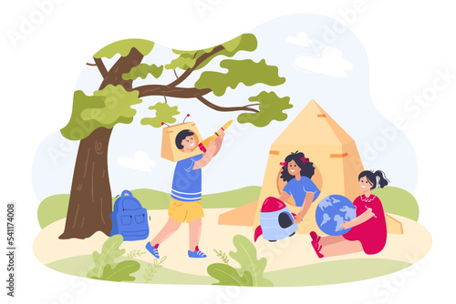 Kids playing in astronauts outdoor flat vector illustration. Boy and girls playing with spaceship and rocket out of cardboard boxes, spending time together in summer. Fantasy, entertainment concept