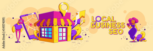 Local business seo, optimization banner with contemporary client characters at store building, tablet with map, location pin and arrows. Market strategy campaign, Cartoon linear vector illustration