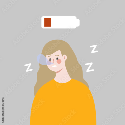 Tired Woman with low battery above head. Sleepy Girl with dark circles under eyes falling asleep. Burnout, energy, overwork, heavy workload, lifestyle concept. Flat cartoon vector design illustration.