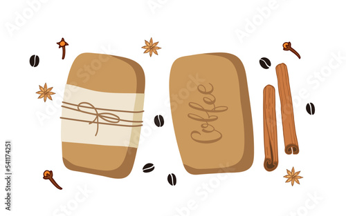 Handmade coffee soap bars with spices for advertising, stores, sales. Homemade Natural soap. Spa, bath, hygiene, health. Organic cosmetic. Cartoon vector illustration isolated on white background.