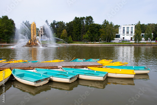 VDNH, Kamensky Pond, view of the Golden Spike fountain and boat station, landmark