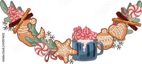 Christmas border with hot cocktail and gingerbread cookies on white background. Vector illustration.
