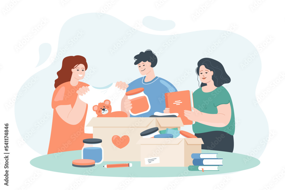 Volunteers donating clothes, toys and books for poor people. Team of young male and female characters collecting charity box flat vector illustration. Nonprofit foundations, humanitarian aid concept Volunteers donating clothes, toys and books for poor people. Team of young male and female characters collecting charity box flat vector illustration. Nonprofit foundations, humanitarian aid concept