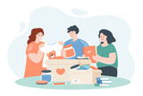 Volunteers donating clothes, toys and books for poor people. Team of young male and female characters collecting charity box flat vector illustration. Nonprofit foundations, humanitarian aid concept