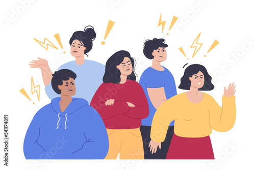 Group of arrogant people flat vector illustration. Angry young men and women with selfish face expression. Lonely cartoon characters expressing anger, boredom and pride. Society, emotion concept