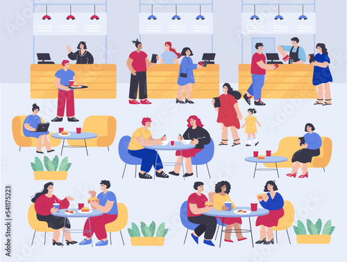 People eating in food court flat vector illustration. Young men and women sitting at tables in cafeteria or cafe, having dinner or lunch together and talking. Restaurant, public place concept