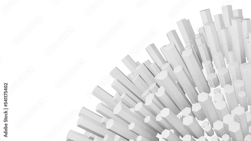 White 3D globe or sphere with random protruding hexagonal tubes, abstract futuristic geometric hexagons backdrop or wallpaper isolated on white background White 3D globe or sphere with random protruding hexagonal tubes, abstract futuristic geometric hexagons backdrop or wallpaper isolated on white background