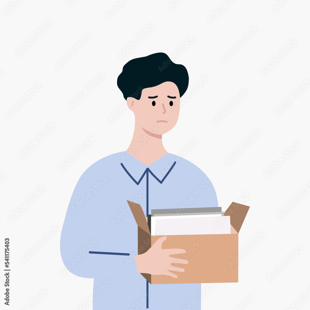 Depressed man fired from job. Businessman holding a box leaving office.  Business closure, layoff, unemployment concepts. Flat cartoon vector design isolated illustration.