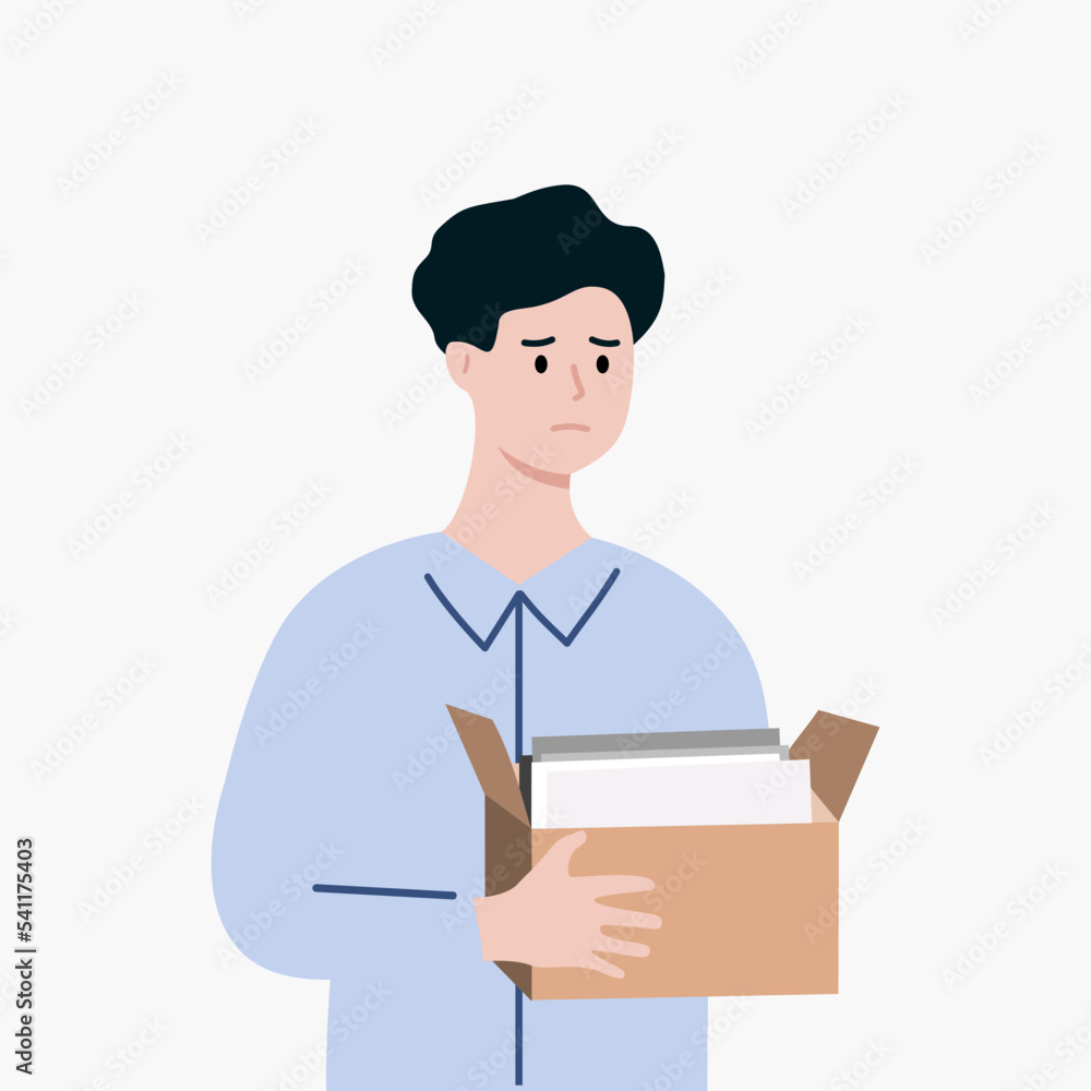 Depressed man fired from job. Businessman holding a box leaving office. Business closure, layoff, unemployment concepts. Flat cartoon vector design isolated illustration. Depressed man fired from job. Businessman holding a box leaving office. Business closure, layoff, unemployment concepts. Flat cartoon vector design isolated illustration.