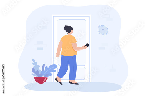 Young woman holding door knob flat vector illustration. Back view of girl entering building, modern apartment or house. Entrance, opportunity, challenge concept