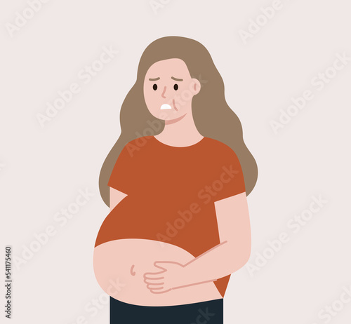 Worried Fat Woman suffering obesity problem. Loss Weight, Health, diet, unhealthy eating, harmful habits, negative lifestyle concept. Flat cartoon vector illustration Isolated on background.