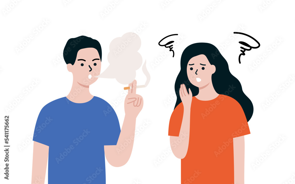 Man smoking cigarette. Woman walking near breathing in tobacco smoke