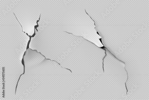 Crack of paint or paper isolated on transparent background. Closeup view of badly fixed building facade wall covered with gaps in stucco with flappy peeling edges Realistic 3d vector illustration