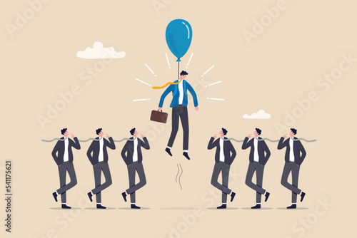 Differentiate from competitors, stand out or much better from others, difference, unique or outstanding concept, initiative businessman flying with balloon stand out from other same competitors.