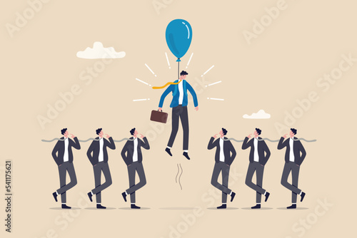 Differentiate from competitors, stand out or much better from others, difference, unique or outstanding concept, initiative businessman flying with balloon stand out from other same competitors.