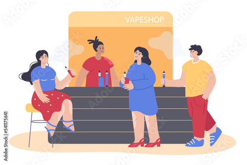 Male and female clients in vape shop flat vector illustration. Vendor selling electronic cigarettes. Woman sitting on high chair at counter desk, smoking vape, looking at showcase. Production concept