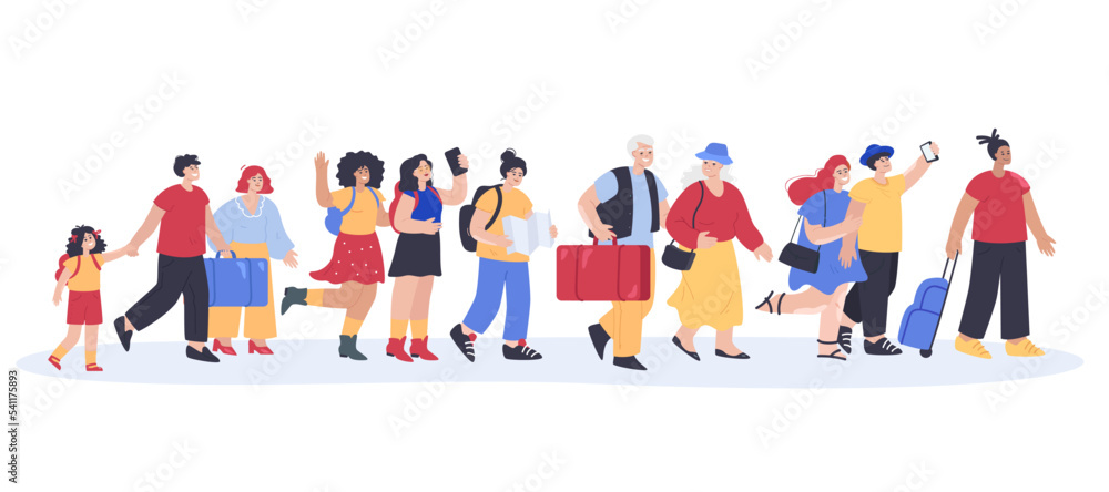 Tiny tourists walking together flat vector illustration. Elderly couple with suitcase, happy women taking selfie, family with kid and girl with map arriving in city. Journey, trip, travel concept