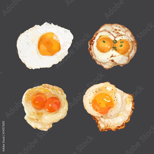 Set of realistic sunny side up fried egg. Watercolor vector illustration.