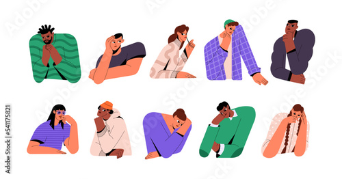 People thinking, doubting set. Puzzled pensive thoughtful characters. Men, women in thoughts, pondering, wondering. Uncertain confused persons. Flat vector illustrations isolated on white background