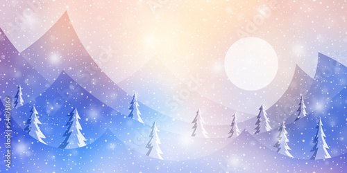 Stylized winter landscape, dreamy view, mountains and sun, snowfall and bokeh effect