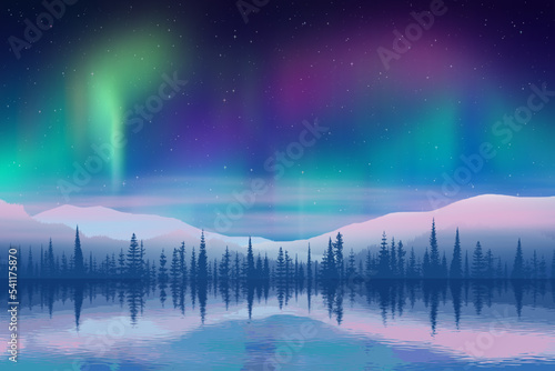 Aurora borealis reflected in water, winter holiday illustration, northern nature