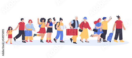 Tiny tourists walking together flat vector illustration. Elderly couple with suitcase  happy women taking selfie  family with kid and girl with map arriving in city. Journey  trip  travel concept