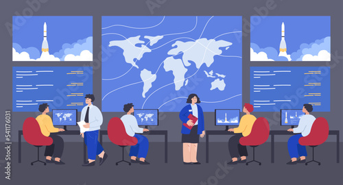 People monitoring rocket launch at command center. flat vector illustration. Tiny cosmic engineers working together and completing mission inside orbital space center. Surveillance, occupation concept