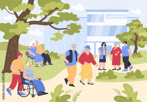 Park near nursing home with elder patients and visitors. Group of old people walking, nurse carrying senior man in wheelchair flat vector illustration. Sanatorium treatment, elderly care concept