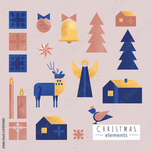 Christmas elements. Vector New Year's set. Winter, Christmas, angel, cottage, deer, snowflakes and other illustrations.