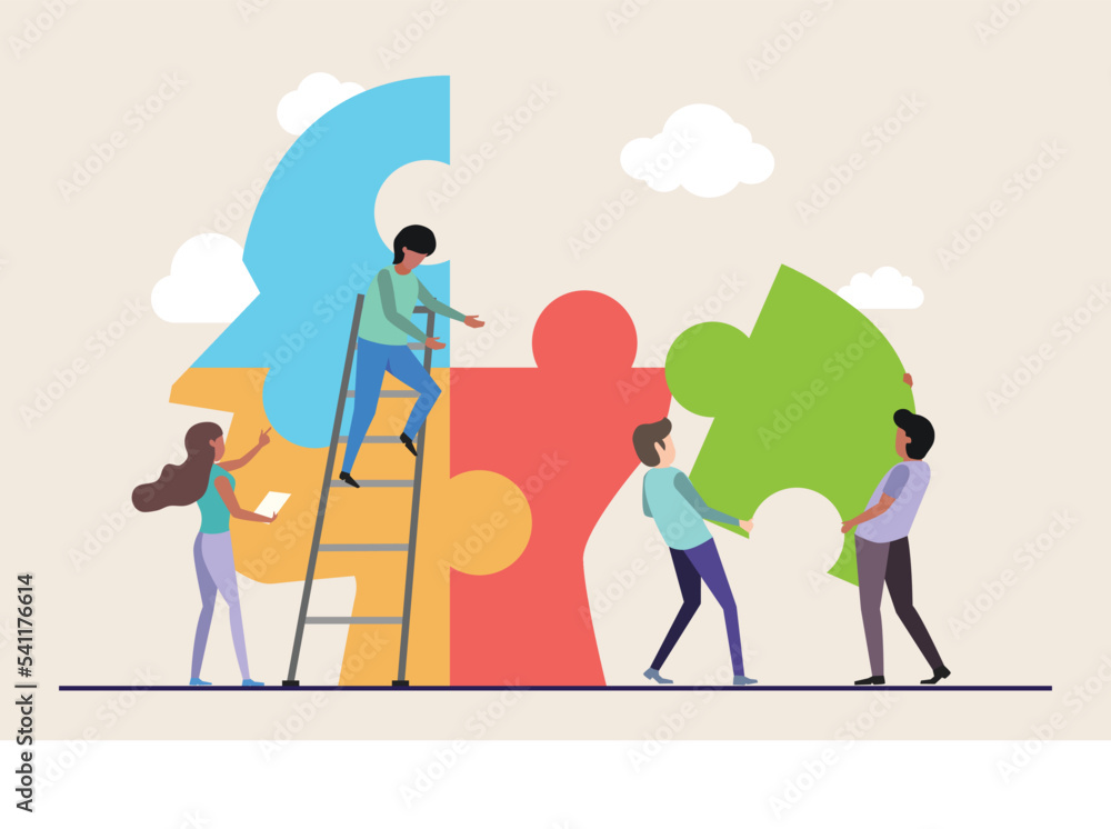 Teamowrk connecting jigsaw pieces of head together. collaboration concept Teamowrk connecting jigsaw pieces of head together. collaboration concept