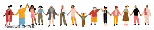 Diverse people standing together and holding hands. Multiracial community, team, friends or society concept with asian, african american, indian and muslim characters, vector hand drawn illustration