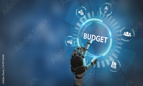 AI budget planner and mangement by robot. Company budget allocation for business or project management. Effective and smart budgeting. Plan, review, approve, allocate, analyze and optimize budgets
