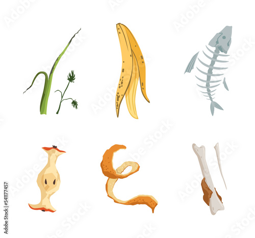 Garbage and Waste with Bones, Banana Peel and Apple Core Vector Set