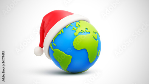 Cartoon planet Earth with red Santa Claus Christmas hat on white background. Christmas travel concept. Merry Christmas and Happy New Year concept. Vector illustration