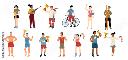 Sport athletes champions with gold medals and cups. Diverse sportsmen win prize in competition, soccer, tennis, hockey, basketball, biathlon vector hand drawn illustration