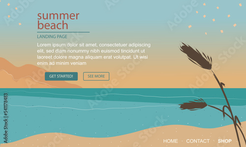 Summer landing page layout for web design. Simple and flat style sea and beach illustration in blue colors with canes and mountains, vectored and textured. For website, backgrounds or app. 