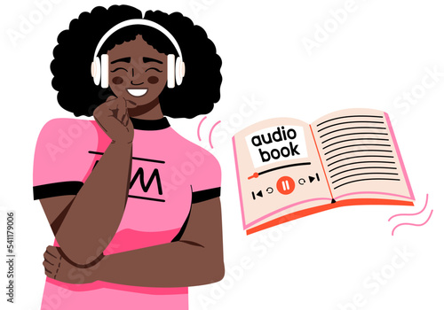 Woman afro in wireless headphones listening to audio book online. Concept of online learning. Internet library. Vector illustration