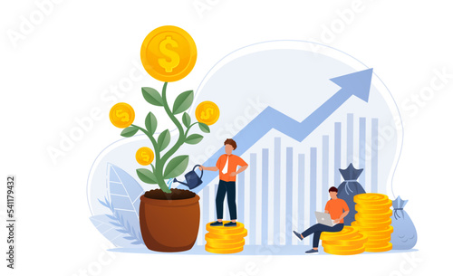 ROI, return on investment performance measure from cost invested and profit efficiency. Business growth arrows to success. Vector illustration