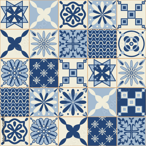 Blue monochrome ceramic tiles, square tiles with colorful floral pattern for interior decoration