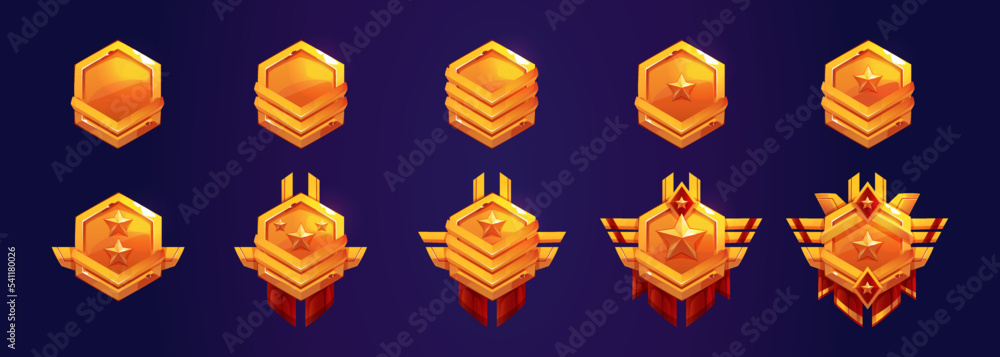 Golden military badges, army rank insignia for ui game interface. War icons, gold military ranking signs with stars, red pennants and chevrons isolated on background, vector cartoon set - obrazy, fototapety, plakaty 