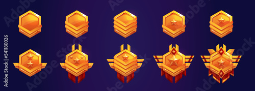 Golden military badges, army rank insignia for ui game interface. War icons, gold military ranking signs with stars, red pennants and chevrons isolated on background, vector cartoon set
