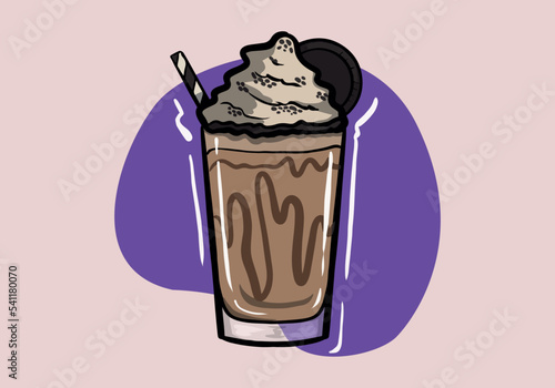 Coffee frappe in a glass vector isolated. Red straw in a tasty cold beverage. Delicious fresh drink with biscuite