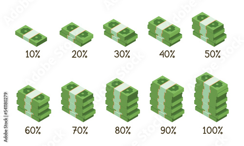 Set of isometric money stack for modern percentage infographics clipart vector design. Simple diagrams in the shape of dollar banknote piles paper bill flat icon cartoon. From 10 to 100 percent