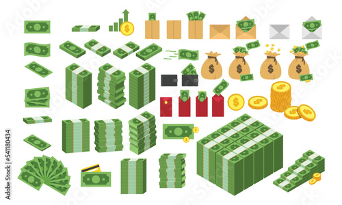 Fototapeta Naklejka Na Ścianę i Meble -  Full set various kinds of money clipart vector design illustration. Simple packing, piles, fan shape green money banknote dollar bill, and yellow golden coins flat icon cartoon style. Finance concept