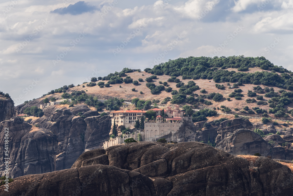 Medieval Varlaam monastery is perched on a steep and magnificent pillar-like rock which rises above the town of Kalambaka, second big in size in Meteora, Central Greece